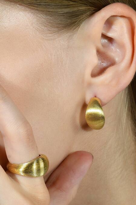 Shop_Arvino_Gold Plated Pratapgari Striated Mini Hoops _Online_at_Aza_Fashions