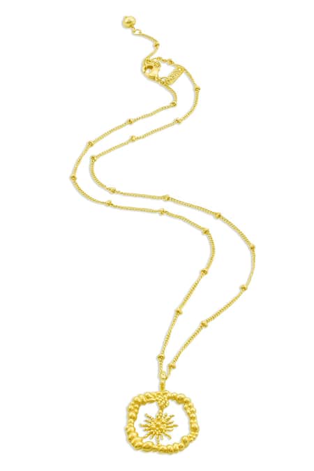 Shop Arvino Gold Plated Recycled Bronze Sun Burst Shaped Charm Pendant Necklace at Aza Fashions Shop_Arvino_Gold Plated Recycled Bronze Sun Burst Shaped Charm Pendant Necklace _at_Aza_Fashions
