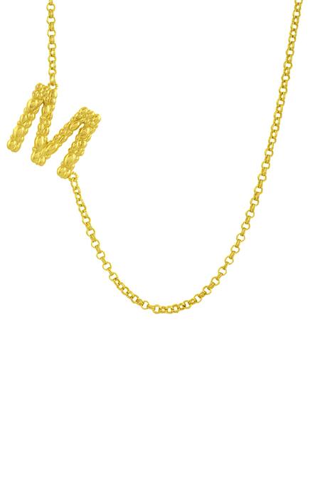 Shop Arvino Gold Plated Recycled Bronze M Shaped Charm Pendant Necklace at Aza Fashions Shop_Arvino_Gold Plated Recycled Bronze M Shaped Charm Pendant Necklace _at_Aza_Fashions