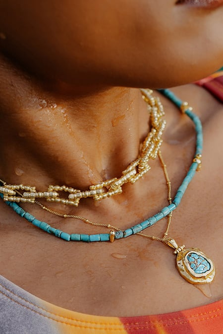 Arvino Blue Turquoise Beaded Embellished Chain Necklace 