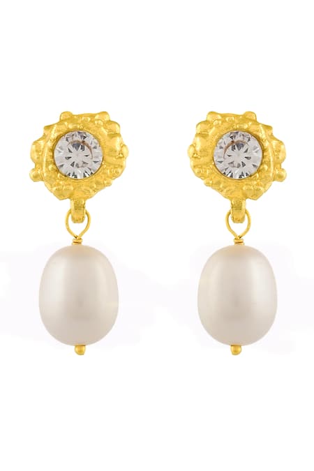 Arvino_White Pearls, Crystals Dainty Drop Earrings _Online_at_Aza_Fashions