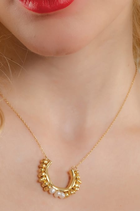 Buy_Arvino_Gold Plated Pellet Pearl Necklace _Online_at_Aza_Fashions