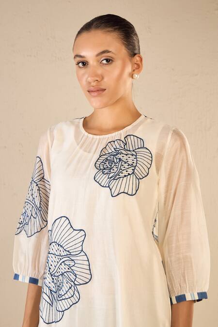 Buy Shivani Bhargava Blue Chanderi Embroidered Thread Round Rose Ballad Floral Pattern Kurta Online at Aza Fashions Buy_Shivani Bhargava_Blue Chanderi Embroidered Thread Round Rose Ballad Floral Pattern Kurta _Online_at_Aza_Fashions
