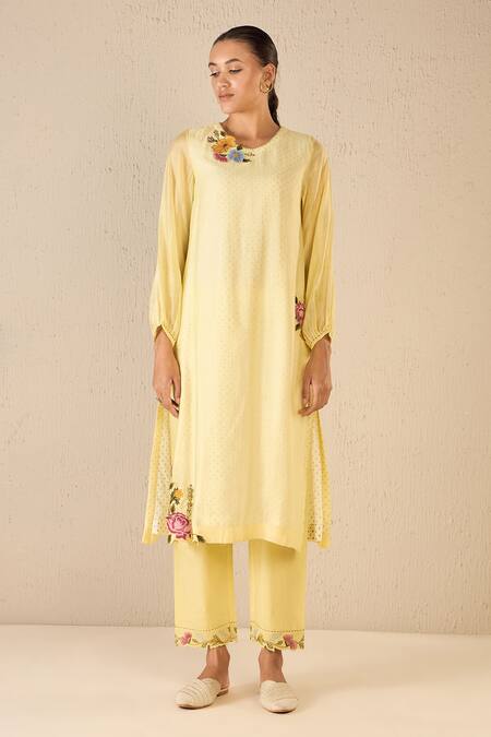 Shivani Bhargava Yellow Chanderi Applique Round Garden Glory Kurta Online at Aza Fashions Shivani Bhargava_Yellow Chanderi Applique Round Garden Glory Kurta _Online_at_Aza_Fashions