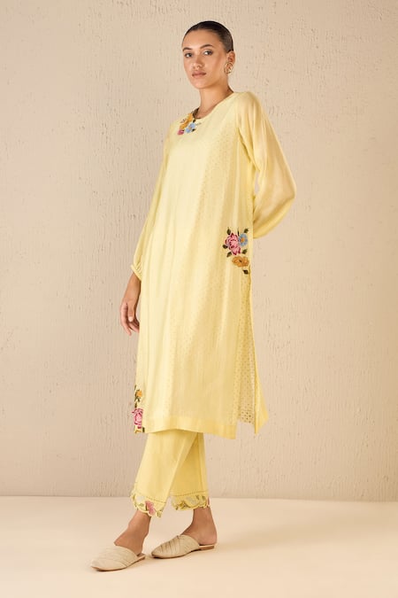 Shivani Bhargava Yellow Chanderi Applique Round Garden Glory Kurta 