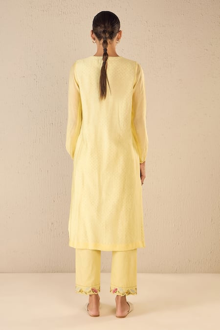 Shop Shivani Bhargava Yellow Chanderi Applique Round Garden Glory Kurta at Aza Fashions Shop_Shivani Bhargava_Yellow Chanderi Applique Round Garden Glory Kurta _at_Aza_Fashions