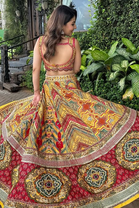 Buy_Kalista_Yellow Silk Beads, Sequins Round Neck Gulnar Printed Slit Lehenga Set With Pant 