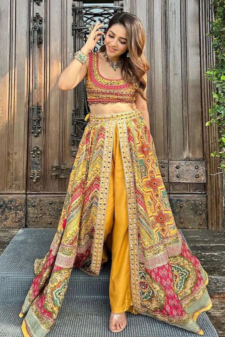Shop_Kalista_Yellow Silk Beads, Sequins Round Neck Gulnar Printed Slit Lehenga Set With Pant 