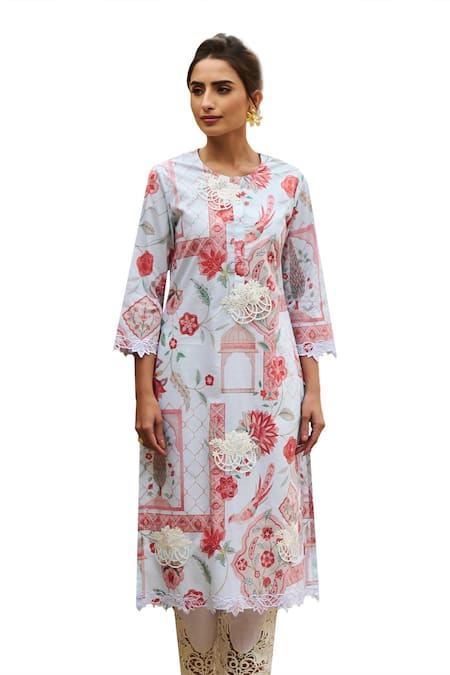 Sage Saga Blue Lawn Cotton Printed Mughal Round Straight Kurta at Aza Fashions Sage Saga_Blue Lawn Cotton Printed Mughal Round Straight Kurta _at_Aza_Fashions