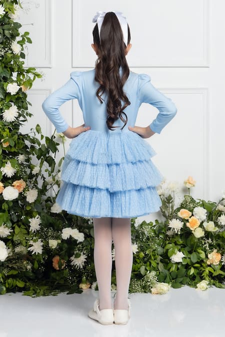 Shop The Pony & Peony Co. Blue Cotton, Rayon Mia Ruffle Layered Dress at Aza Fashions Shop_The Pony & Peony Co._Blue Cotton, Rayon Mia Ruffle Layered Dress _at_Aza_Fashions