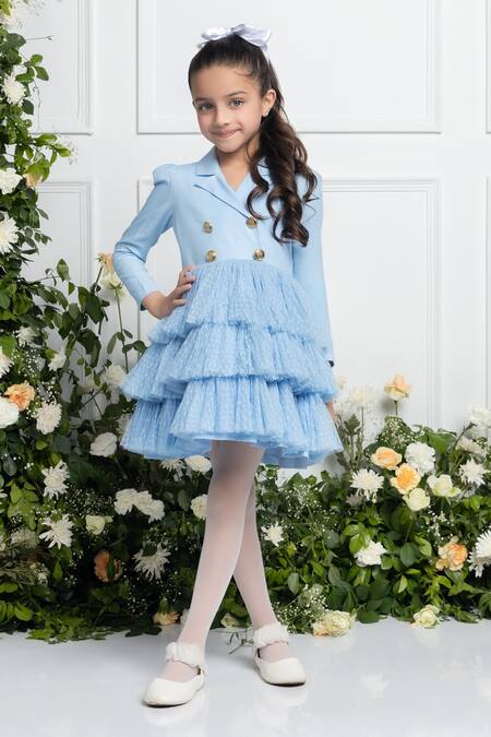 The Pony & Peony Co. Blue Cotton, Rayon Mia Ruffle Layered Dress Online at Aza Fashions The Pony & Peony Co._Blue Cotton, Rayon Mia Ruffle Layered Dress _Online_at_Aza_Fashions