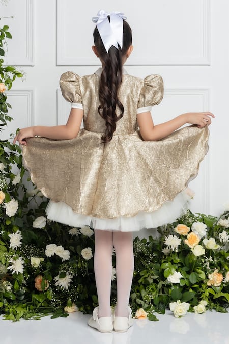 The Pony & Peony Co. Gold Jacquard, Cotton Bows Evelyn Shimmery Crumple Dress Online at Aza Fashions The Pony & Peony Co._Gold Jacquard, Cotton Bows Evelyn Shimmery Crumple Dress _Online_at_Aza_Fashions