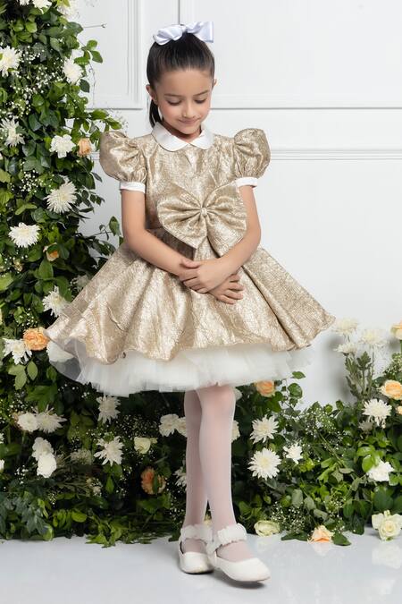 Buy The Pony & Peony Co. Gold Jacquard, Cotton Bows Evelyn Shimmery Crumple Dress Online at Aza Fashions Buy_The Pony & Peony Co._Gold Jacquard, Cotton Bows Evelyn Shimmery Crumple Dress _Online_at_Aza_Fashions