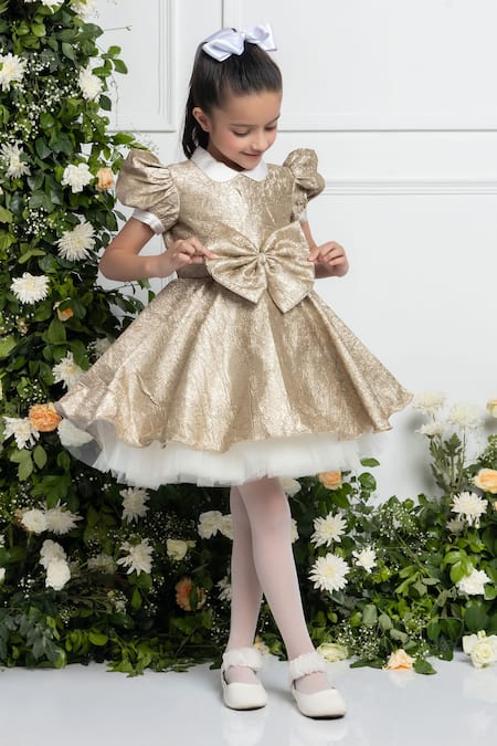 Shop The Pony & Peony Co. Gold Jacquard, Cotton Bows Evelyn Shimmery Crumple Dress Online at Aza Fashions Shop_The Pony & Peony Co._Gold Jacquard, Cotton Bows Evelyn Shimmery Crumple Dress _Online_at_Aza_Fashions