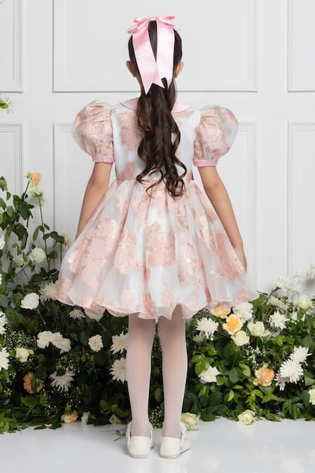 Shop The Pony & Peony Co. Pink Organza, Cotton Emma Rosa Puffed Sleeves Dress at Aza Fashions Shop_The Pony & Peony Co._Pink Organza, Cotton Emma Rosa Puffed Sleeves Dress _at_Aza_Fashions