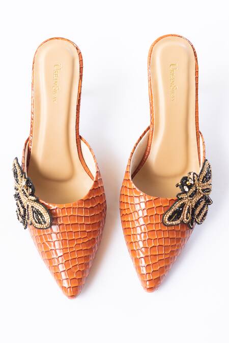 Urbansway Orange Bee Clip Embellished Mule Heels Online at Aza Fashions Urbansway_Orange Bee Clip Embellished Mule Heels _Online_at_Aza_Fashions