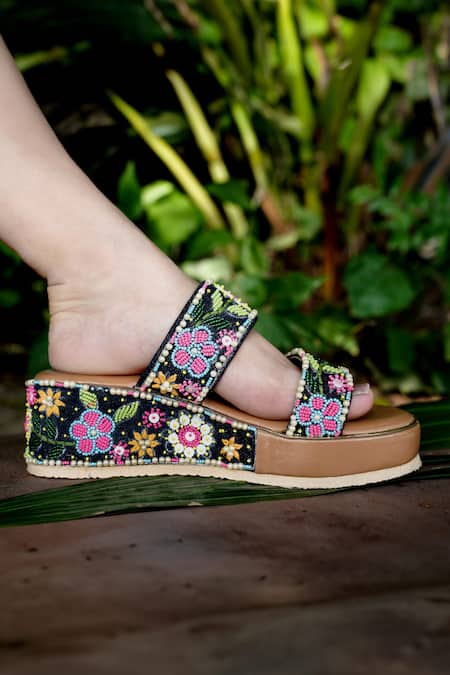 Kasually Klassy_Multi Color Cut Work, Beads Blossom Embroidered Platform Wedges_Online_at_Aza_Fashions