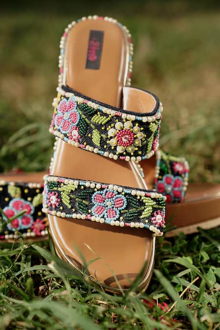 Buy_Kasually Klassy_Multi Color Cut Work, Beads Blossom Embroidered Platform Wedges_Online_at_Aza_Fashions