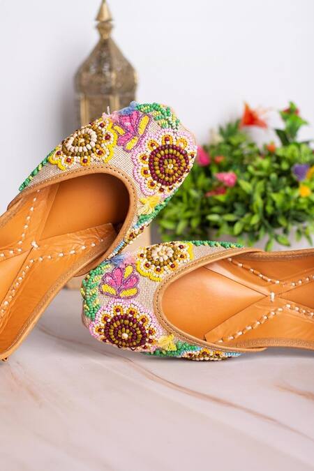 Kasually Klassy_Brown Beaded Bliss Embroidered Juttis_Online_at_Aza_Fashions