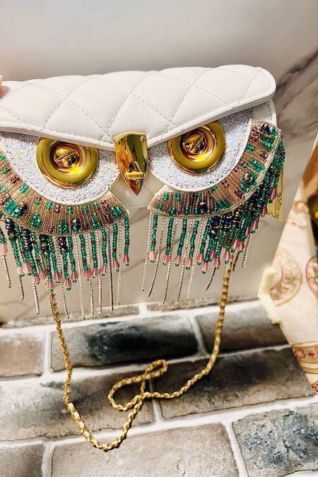 Kasually Klassy_White Crystals, Beads Luxe Tassel Enchantment Clutch_Online_at_Aza_Fashions