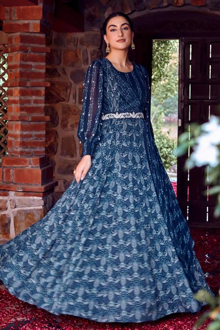 Ritika Verma_Blue Georgette Embroidery, Sequins, Pearls, Cut Adiva Play Print Draped Anarkali _Online_at_Aza_Fashions
