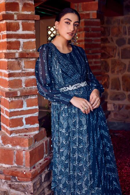 Buy_Ritika Verma_Blue Georgette Embroidery, Sequins, Pearls, Cut Adiva Play Print Draped Anarkali _Online_at_Aza_Fashions