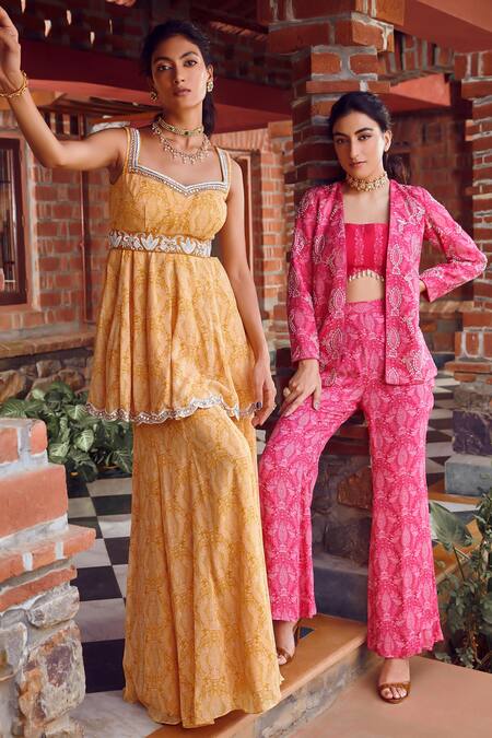 Buy_Ritika Verma_Fuchsia Georgette, Linen Cut Work, Aasma Embroidered Jacket With Pant Set _Online_at_Aza_Fashions
