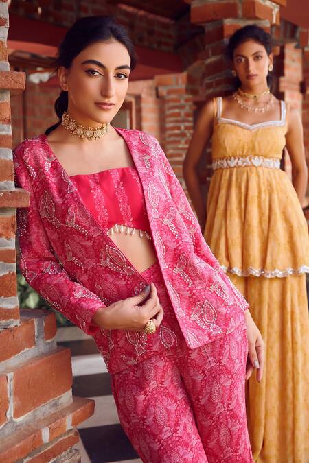 Shop_Ritika Verma_Fuchsia Georgette, Linen Cut Work, Aasma Embroidered Jacket With Pant Set _Online_at_Aza_Fashions