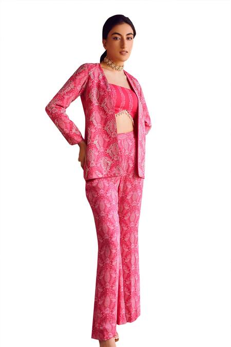Buy_Ritika Verma_Fuchsia Georgette, Linen Cut Work, Aasma Embroidered Jacket With Pant Set 