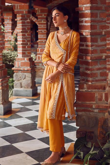 Ritika Verma_Yellow Georgette, Crepe, Linen Cut Work, Embroidery, Tassels Zahra Angrakha Set _Online_at_Aza_Fashions