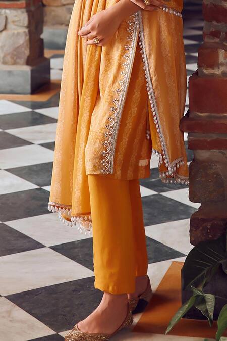Buy_Ritika Verma_Yellow Georgette, Crepe, Linen Cut Work, Embroidery, Tassels Zahra Angrakha Set _Online_at_Aza_Fashions