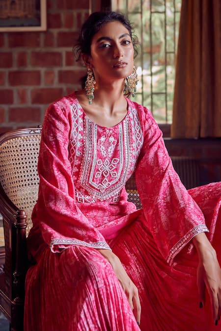 Buy Ritika Verma Fuchsia Georgette Cut Work, Sequins, Pearls, Aalia Embroidered Kurta Gharara Set Online at Aza Fashions Buy_Ritika Verma_Fuchsia Georgette Cut Work, Sequins, Pearls, Aalia Embroidered Kurta Gharara Set _Online_at_Aza_Fashions