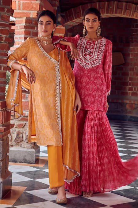 Shop Ritika Verma Fuchsia Georgette Cut Work, Sequins, Pearls, Aalia Embroidered Kurta Gharara Set Online at Aza Fashions Shop_Ritika Verma_Fuchsia Georgette Cut Work, Sequins, Pearls, Aalia Embroidered Kurta Gharara Set _Online_at_Aza_Fashions