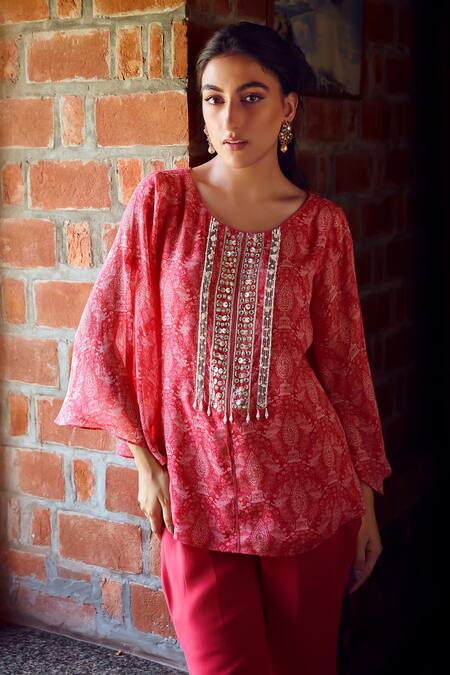 Ritika Verma_Fuchsia Georgette, Linen Pearls, Sequins, Farah Embroidered Top With Bell Pant _Online_at_Aza_Fashions