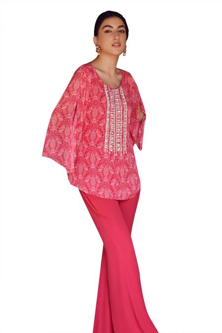 Shop_Ritika Verma_Fuchsia Georgette, Linen Pearls, Sequins, Farah Embroidered Top With Bell Pant _Online_at_Aza_Fashions