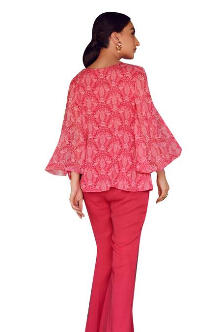 Ritika Verma_Fuchsia Georgette, Linen Pearls, Sequins, Farah Embroidered Top With Bell Pant _at_Aza_Fashions