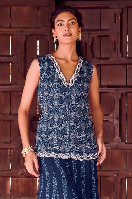 Buy_Ritika Verma_Blue Georgette Cut Work, Pearls, Sequins Aamai Bird Print Top With Sharara _Online_at_Aza_Fashions