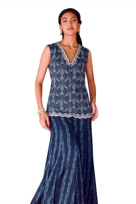 Shop_Ritika Verma_Blue Georgette Cut Work, Pearls, Sequins Aamai Bird Print Top With Sharara _Online_at_Aza_Fashions
