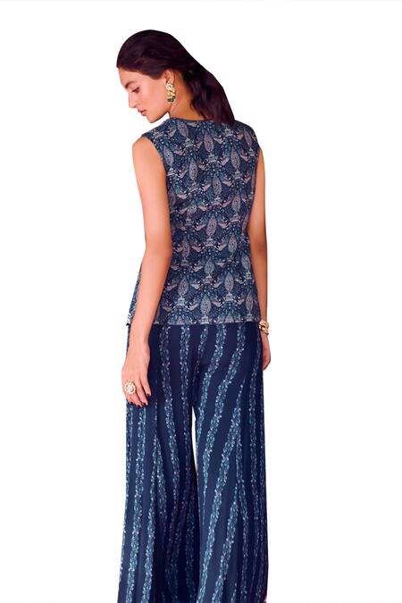 Buy_Ritika Verma_Blue Georgette Cut Work, Pearls, Sequins Aamai Bird Print Top With Sharara 