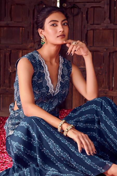 Shop_Ritika Verma_Blue Georgette Cut Work, Pearls, Sequins Aamai Bird Print Top With Sharara 