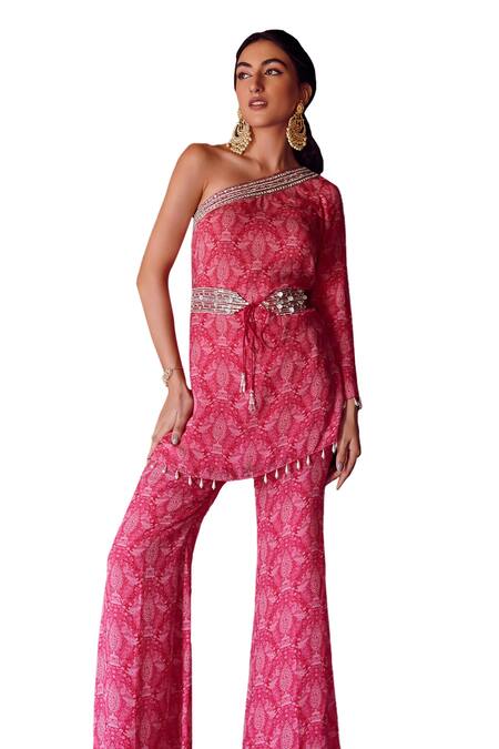 Shop_Ritika Verma_Fuchsia Georgette Pearls, Sequins, Cut Work One Aadab Bird Print Tunic With Pant _Online_at_Aza_Fashions