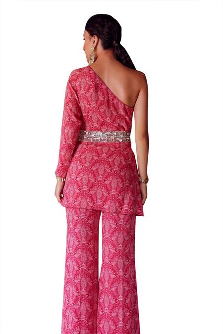 Ritika Verma_Fuchsia Georgette Pearls, Sequins, Cut Work One Aadab Bird Print Tunic With Pant _at_Aza_Fashions