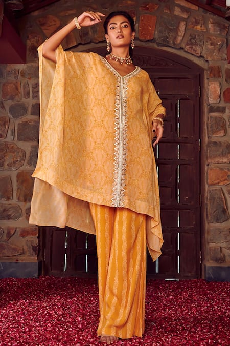 RITIKA VERMA Yellow Georgette Embroidered Patra V-neck Haniya Bird Print Kaftan With Pant 