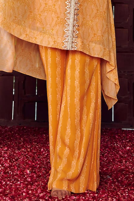 Buy_Ritika Verma_Yellow Georgette Embroidered Patra V-neck Haniya Bird Print Kaftan With Pant _Online_at_Aza_Fashions