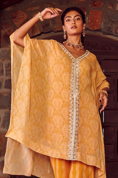 Shop_Ritika Verma_Yellow Georgette Embroidered Patra V-neck Haniya Bird Print Kaftan With Pant _Online_at_Aza_Fashions