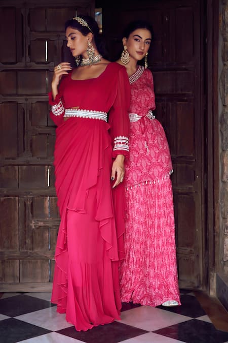 Buy_Ritika Verma_Fuchsia Georgette, Linen Cut Work, Samreen Pre-draped Ruffle Saree With Blouse _Online_at_Aza_Fashions