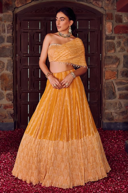 RITIKA VERMA Yellow Georgette Embellished Pearl Drop Zainab Bird Print Lehenga With Top 