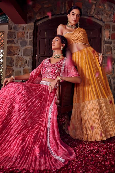 Buy_Ritika Verma_Yellow Georgette, Linen Pearls One Zainab Bird Print Lehenga With Crop Top _Online_at_Aza_Fashions