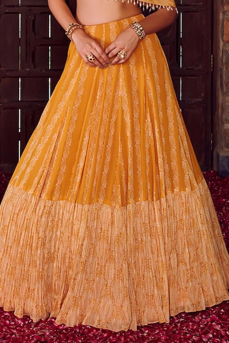 Shop_Ritika Verma_Yellow Georgette, Linen Pearls One Zainab Bird Print Lehenga With Crop Top _Online_at_Aza_Fashions