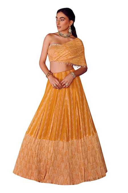 Ritika Verma_Yellow Georgette, Linen Pearls One Zainab Bird Print Lehenga With Crop Top _at_Aza_Fashions